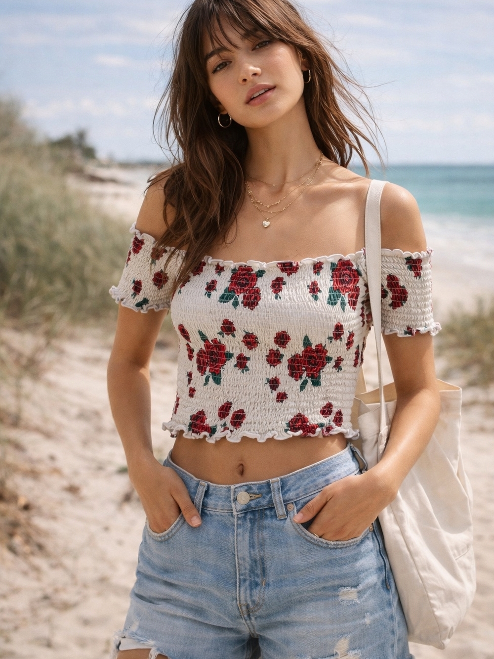 Hollister White Red Floral Smocked Crop Top Off Shoulder Summer Coquette Y2K